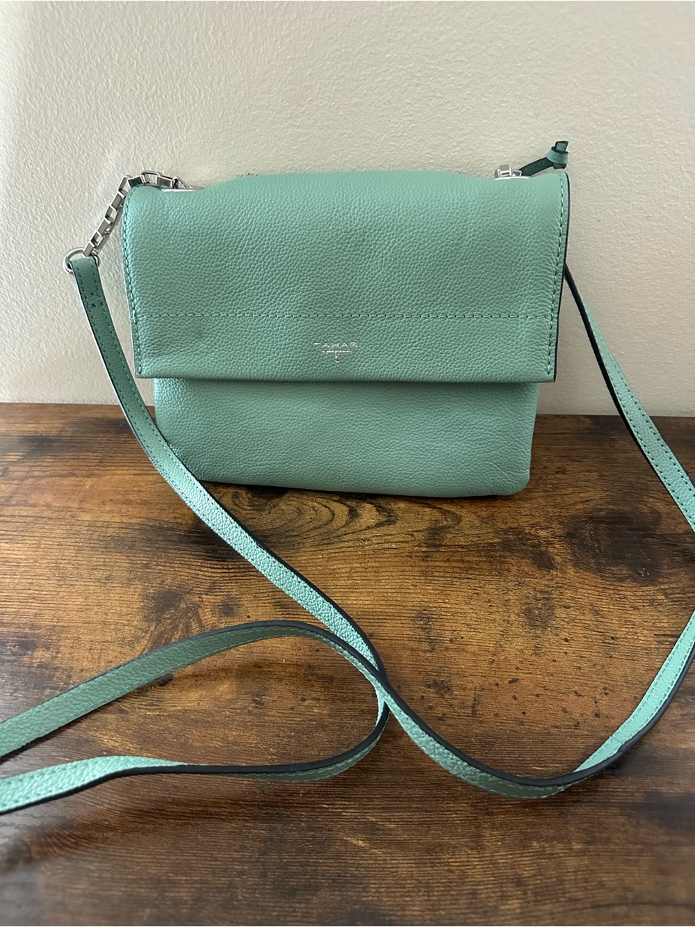 Tahari Farrah Crossbody Bag Purse Teal Pebbled Silver Chain Chic Soft Leather